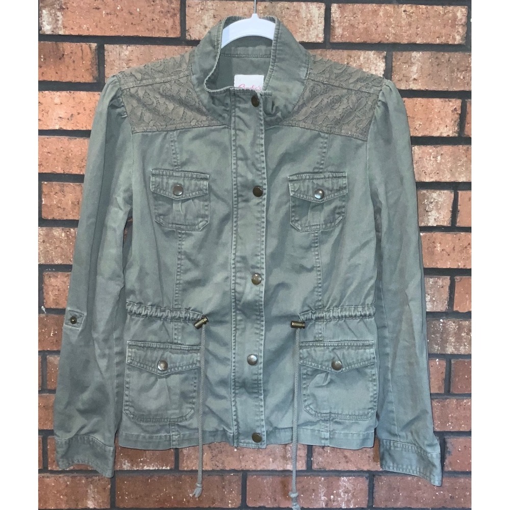 Candies Womens Olive Green Utility Jacket Lace Shoulder Military Cotton Large L